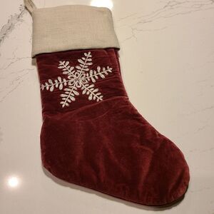 CHRISTMAS STOCKING‎ Dark Rose Velvet Embroidered  Linen Cuff 18" NWOT